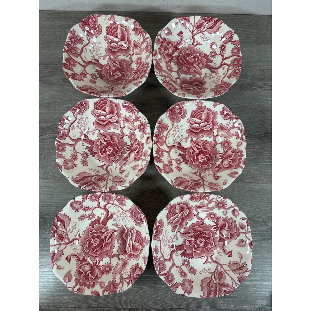 Johnson Brothers English Chippendale Red Pink Floral Fruit Bowls Set of 6